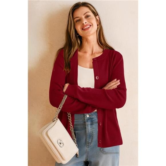 Women's Wool Blended Cardigan Sweaters Lightweight Red - Picture 3 of 6